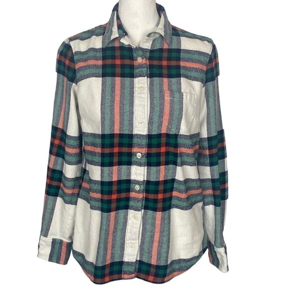 J CREW Rock Salt Plaid Flannel Long Sleeve Button Front Orange Green XS 65-13 - Picture 1 of 13